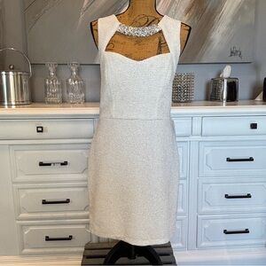 NWT Jodi Kristopher Ivory Jeweled Neckline Stretchy Mini Dress Juniors Size 13